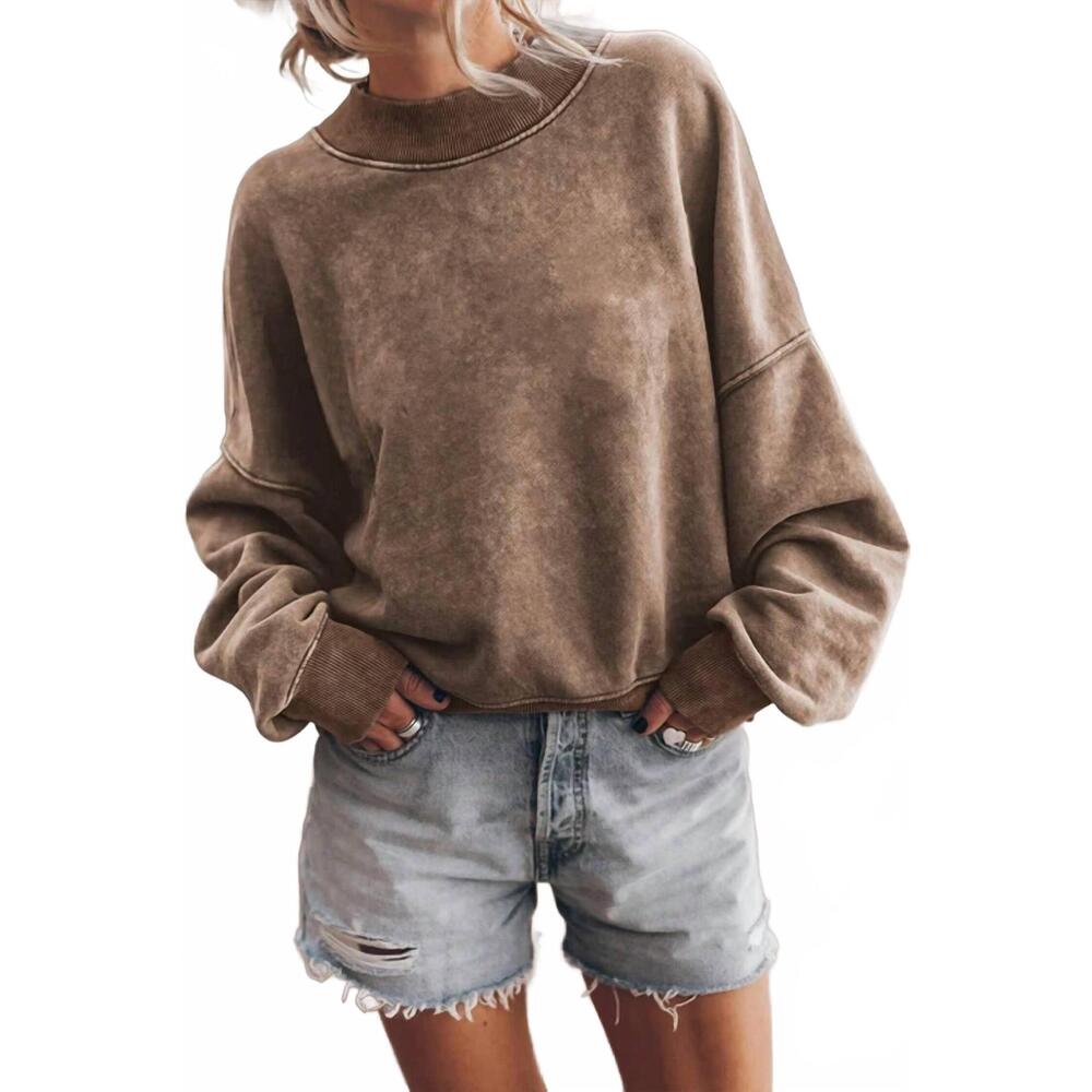 NEW LOVESOFT solid color drop shoulder pullover sweatshirt in brown